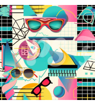 80s and 90s Seamless Pattern in Modern Flat Line Style - Hand-Drawn Vector Illustration