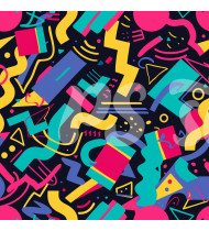 80s and 90s Seamless Pattern in Modern Flat Line Style - Hand-Drawn Vector Illustration