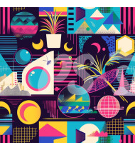 80s and 90s Seamless Pattern in Modern Flat Line Style - Hand-Drawn Vector Illustration