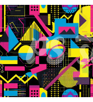 80s and 90s Seamless Pattern in Modern Flat Line Style - Hand-Drawn Vector Illustration