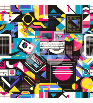 80s and 90s Seamless Pattern in Modern Flat Line Style - Hand-Drawn Vector Illustration