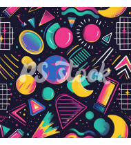 90s and 80s Seamless Pattern in Modern Flat Style - Hand-Drawn Vector Illustration