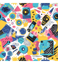 90s and 80s Seamless Pattern in Modern Flat Style - Hand-Drawn Vector Illustration