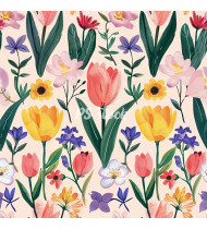 Spring Patterns in Modern Flat Line Style - Hand-Drawn Vector Illustration